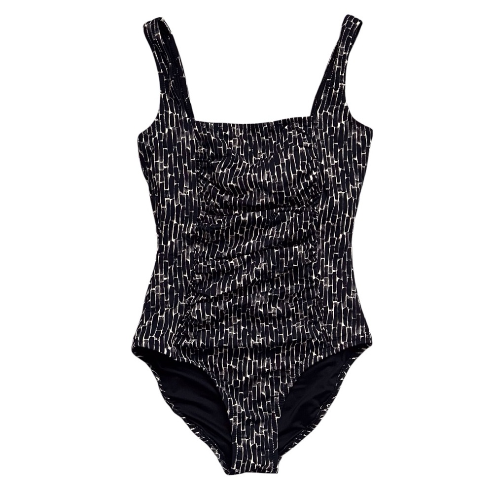 Garnet Hill One-Piece Swimsuit Active Square Neck Onxy Black Brushstrokes Size 4